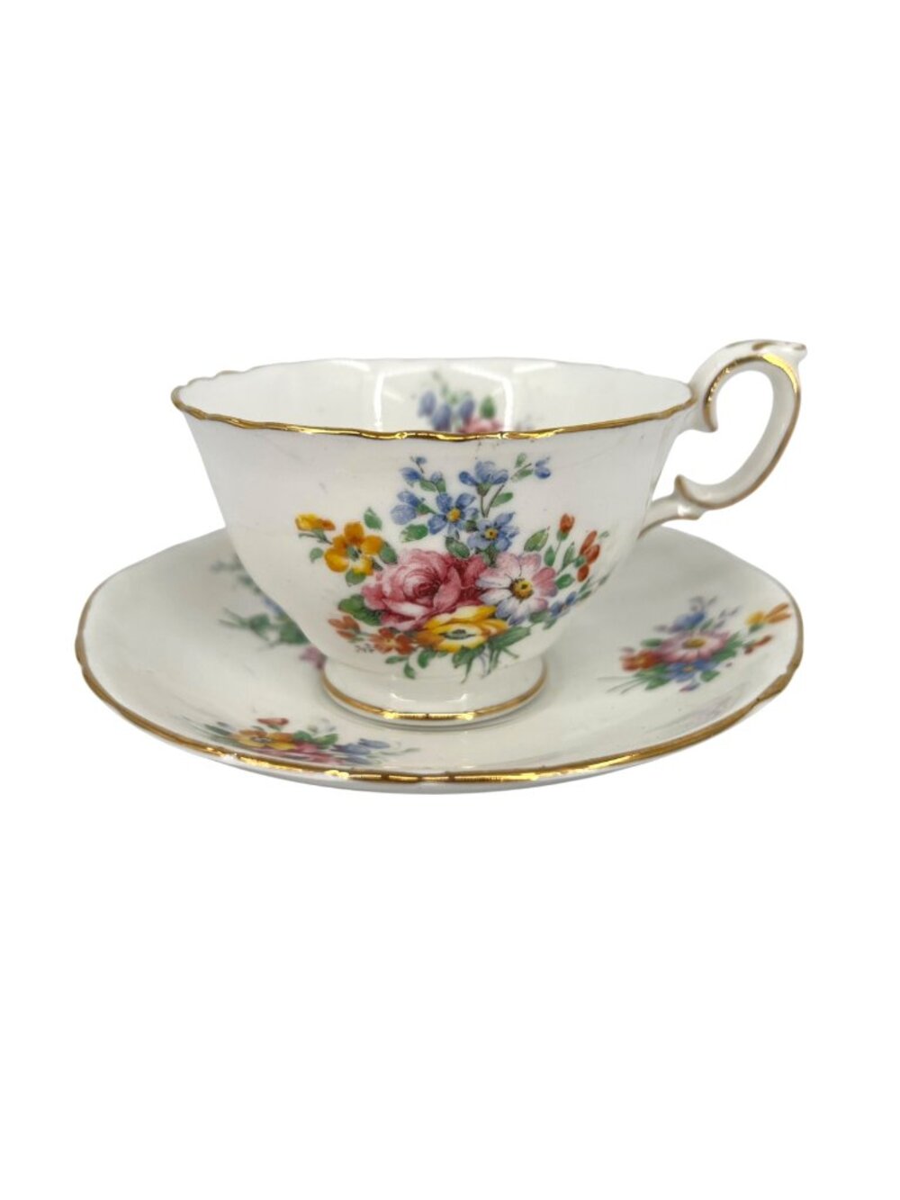 Crown Staffordshire Fine Bone China Teacup Saucer Set Floral Print Gold Trim